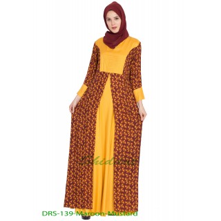 Printed long Dress in dual color- Maroon-Mustard